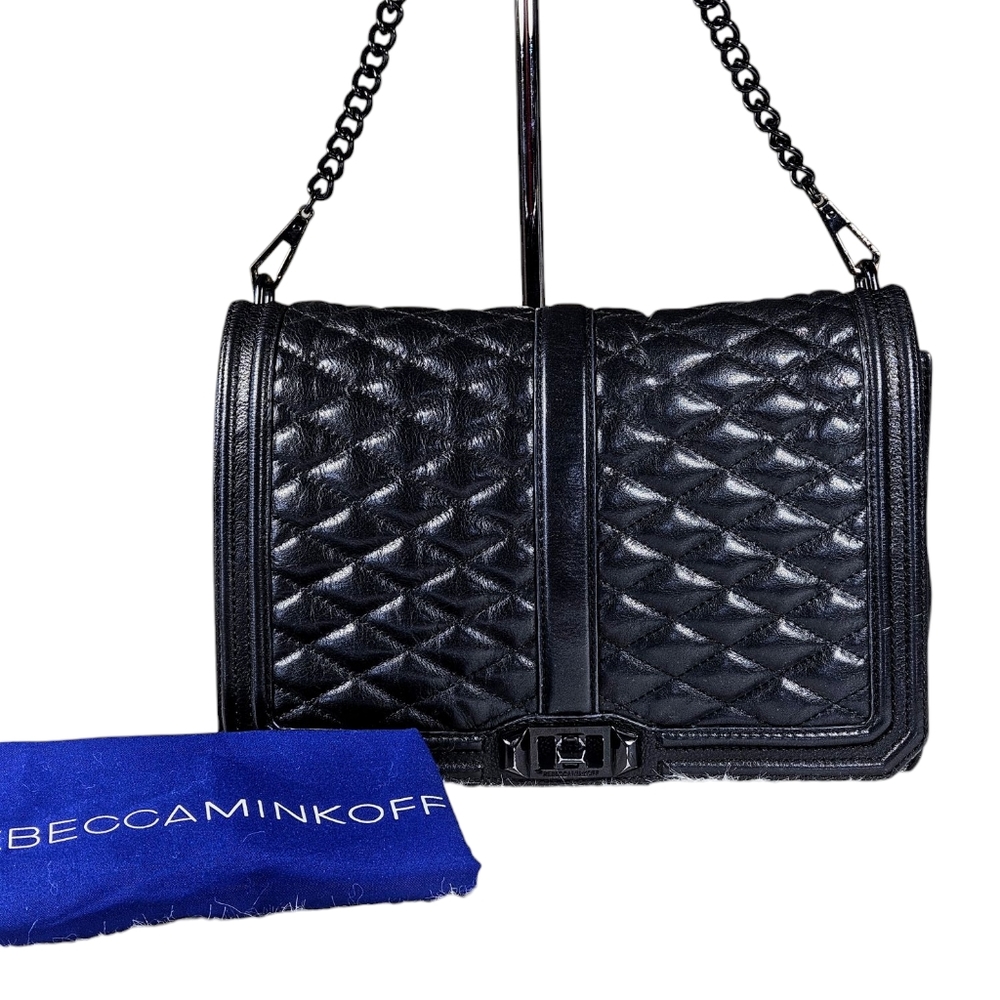 Rebecca Minkoff Black Quilted Leather Love Crossbody Bag Chain Strap Large